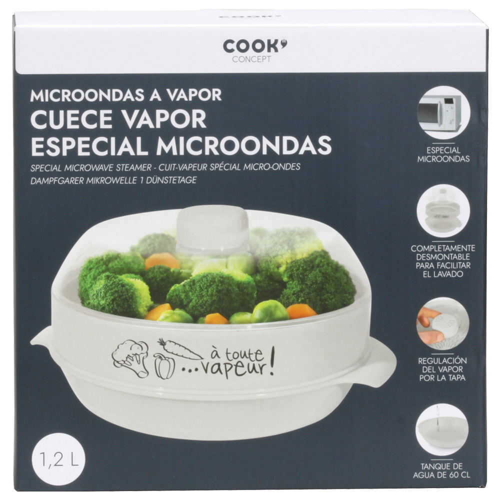 Vaporera para microondas con brócoli y zanahorias dentro.