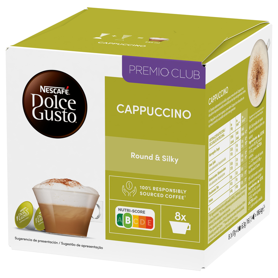Caja de cápsulas de Nescafe Dolce Gusto Cappuccino, con un gráfico de taza e información nutricional.