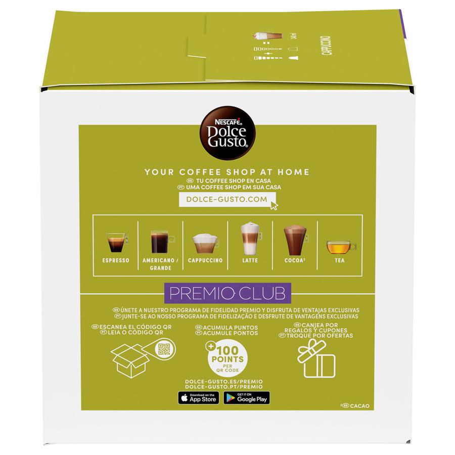 Caja con cápsulas de café, gráficos y texto. Marca 'Dolce Gusto' visible.