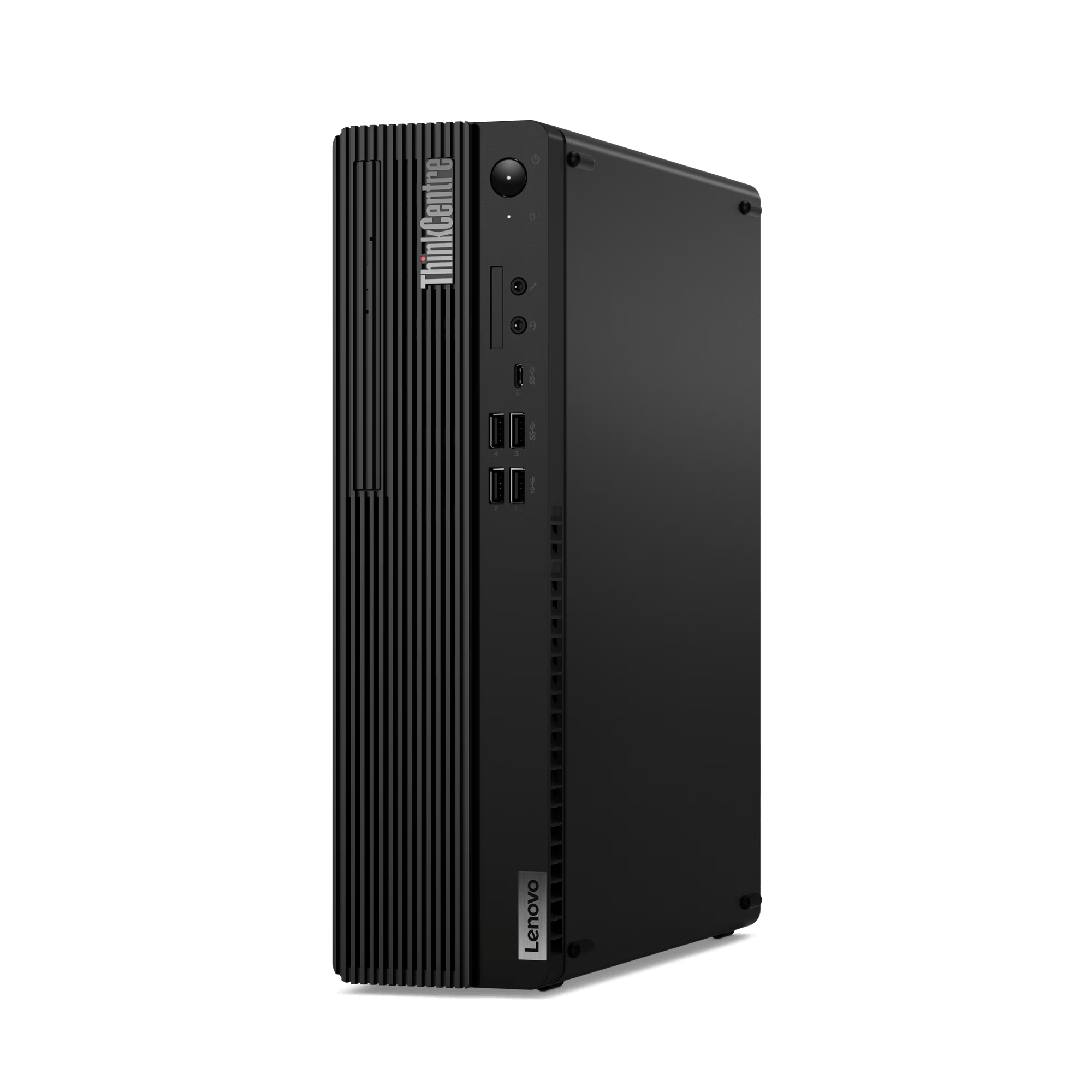 Una torre de computadora Lenovo ThinkCentre negra. Tiene un diseño vertical con varios puertos y botones.