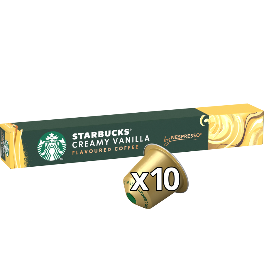 Caja de cápsulas de café Starbucks. Sabor vainilla, cápsula dorada.
