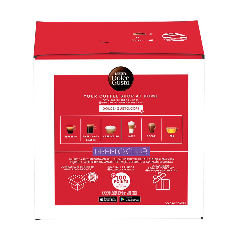 Caja Dolce Gusto roja y blanca con imágenes de máquinas de café y detalles del programa de recompensas.