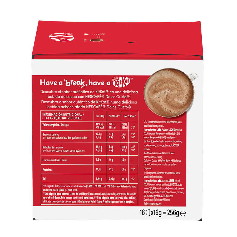 Caja KitKat Dolce Gusto con información nutricional e imagen de taza.