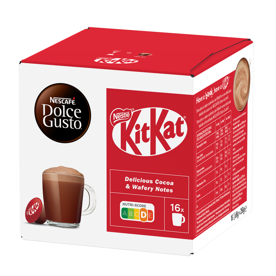 Caja roja de cápsulas de café Kit Kat con imagen de taza de cacao.