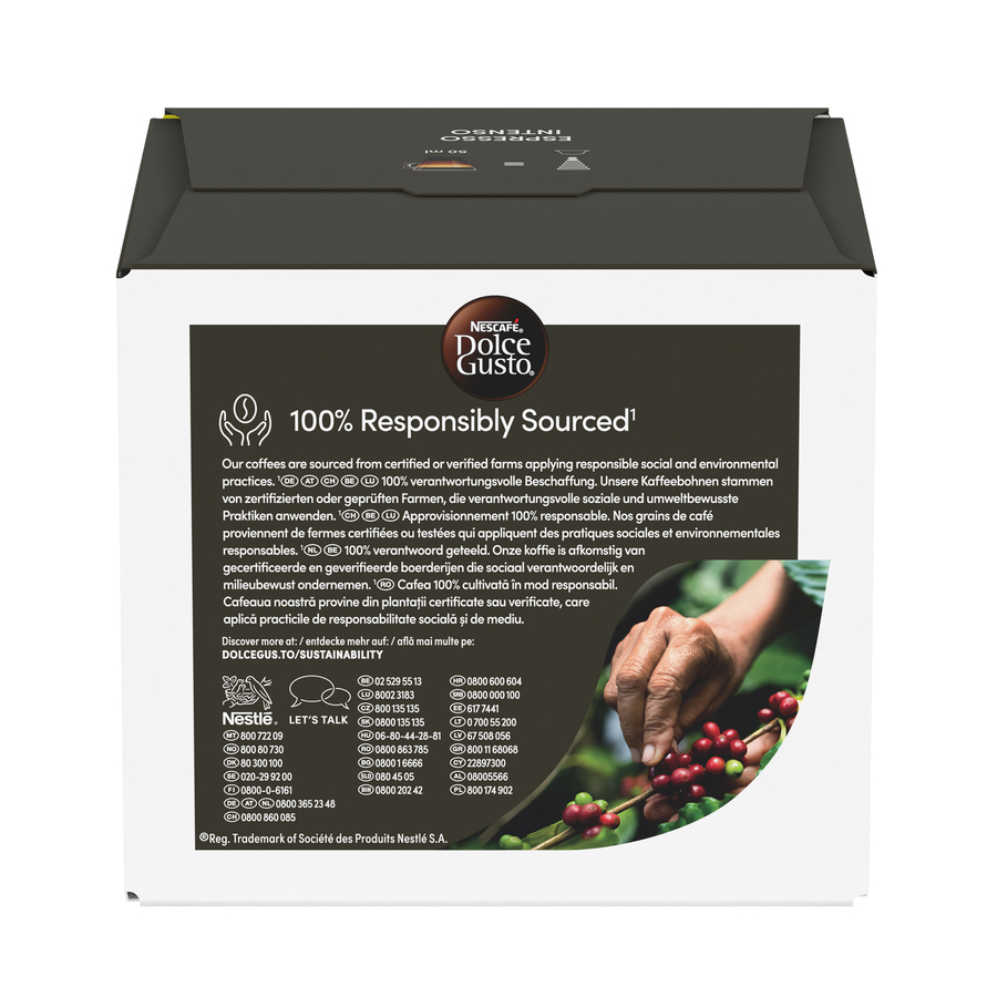 Una caja de café con texto e imágenes de granos de café. El fondo es blanco.