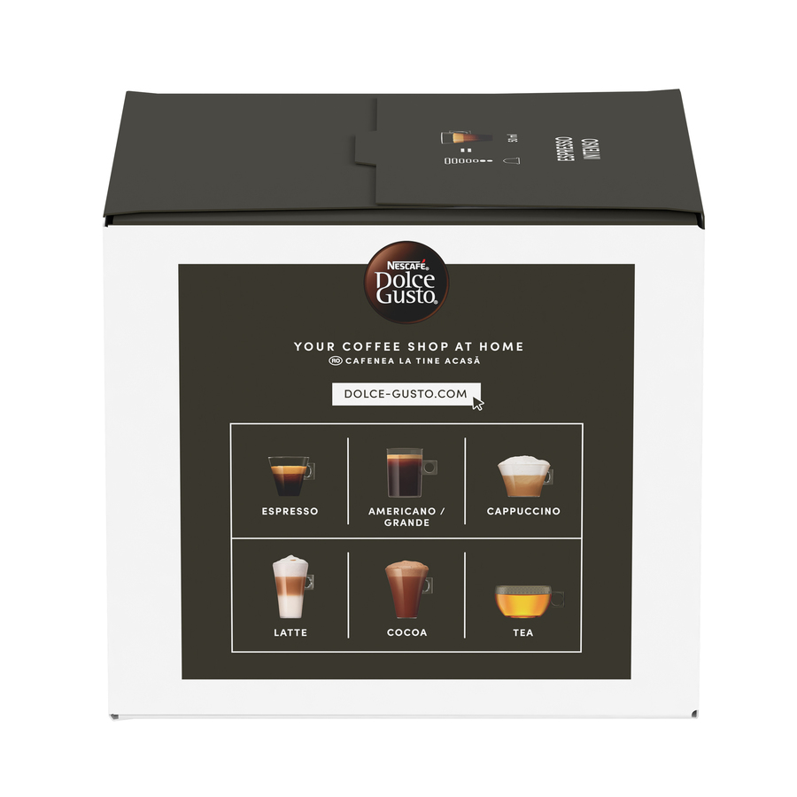 Caja de máquina de café Dolce Gusto mostrando tipos de café y la marca.