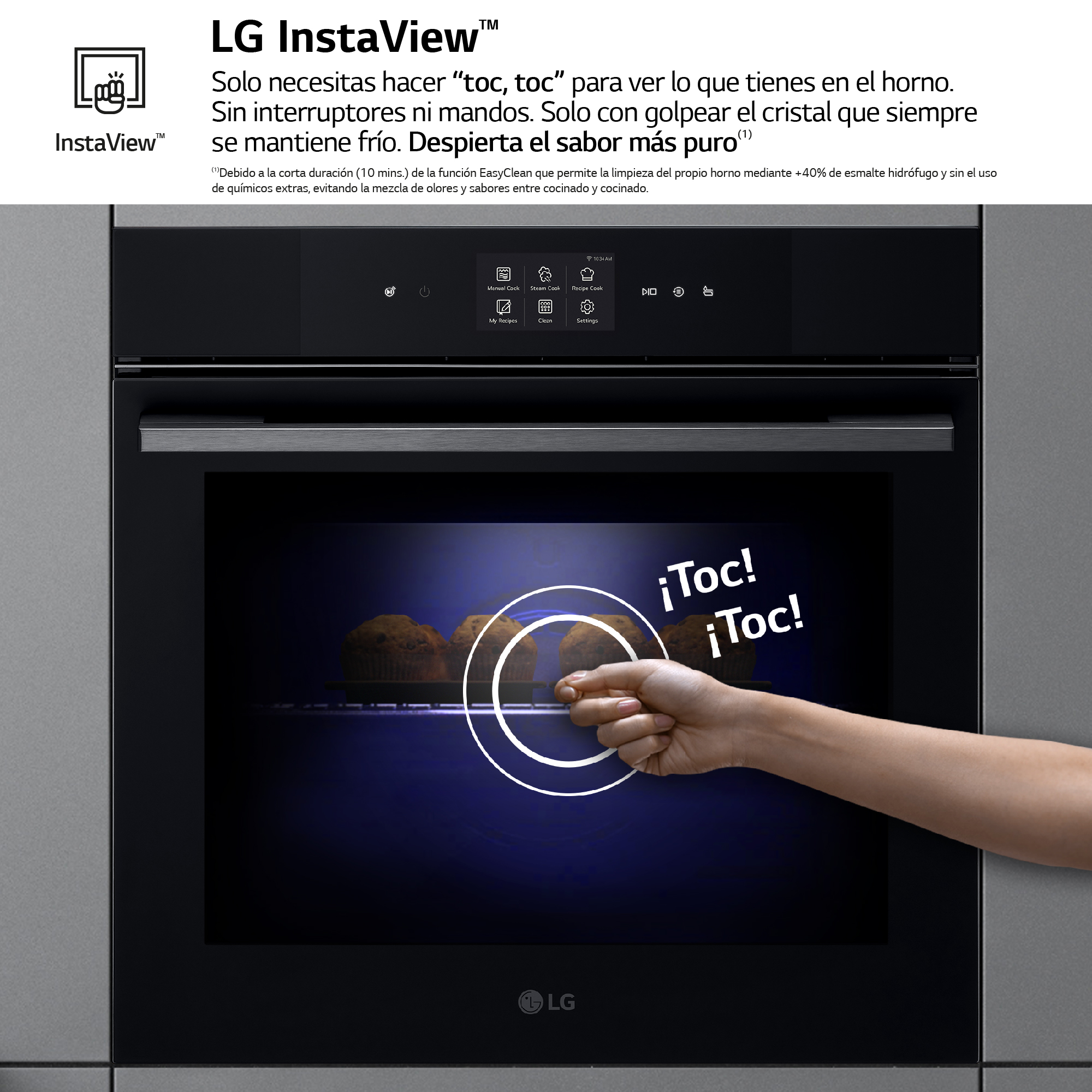 Un horno LG InstaView con muffins dentro. Una mano toca la puerta de cristal. El texto dice '¡Toc! ¡Toc!'.