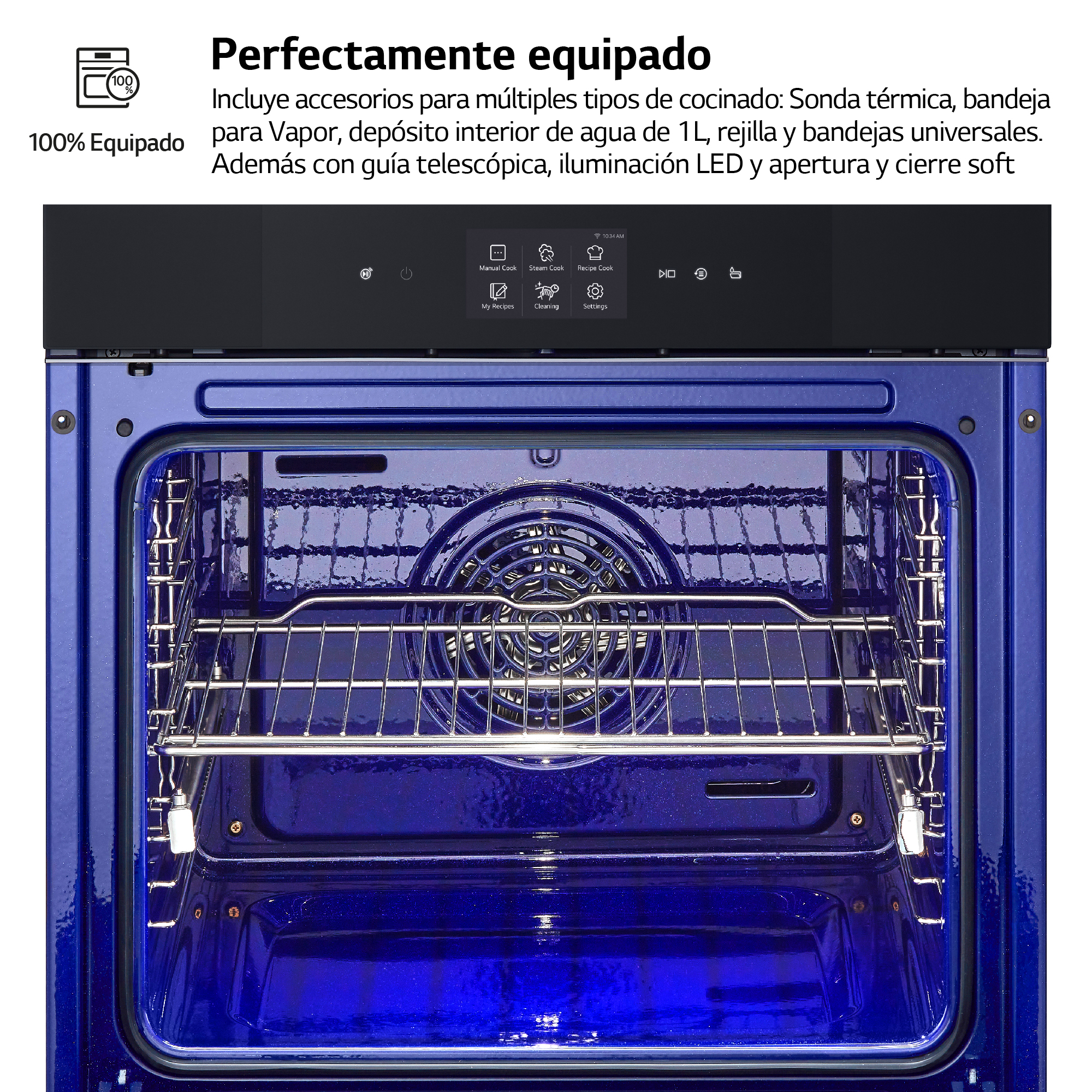 Interior azul de un horno con panel de control negro.