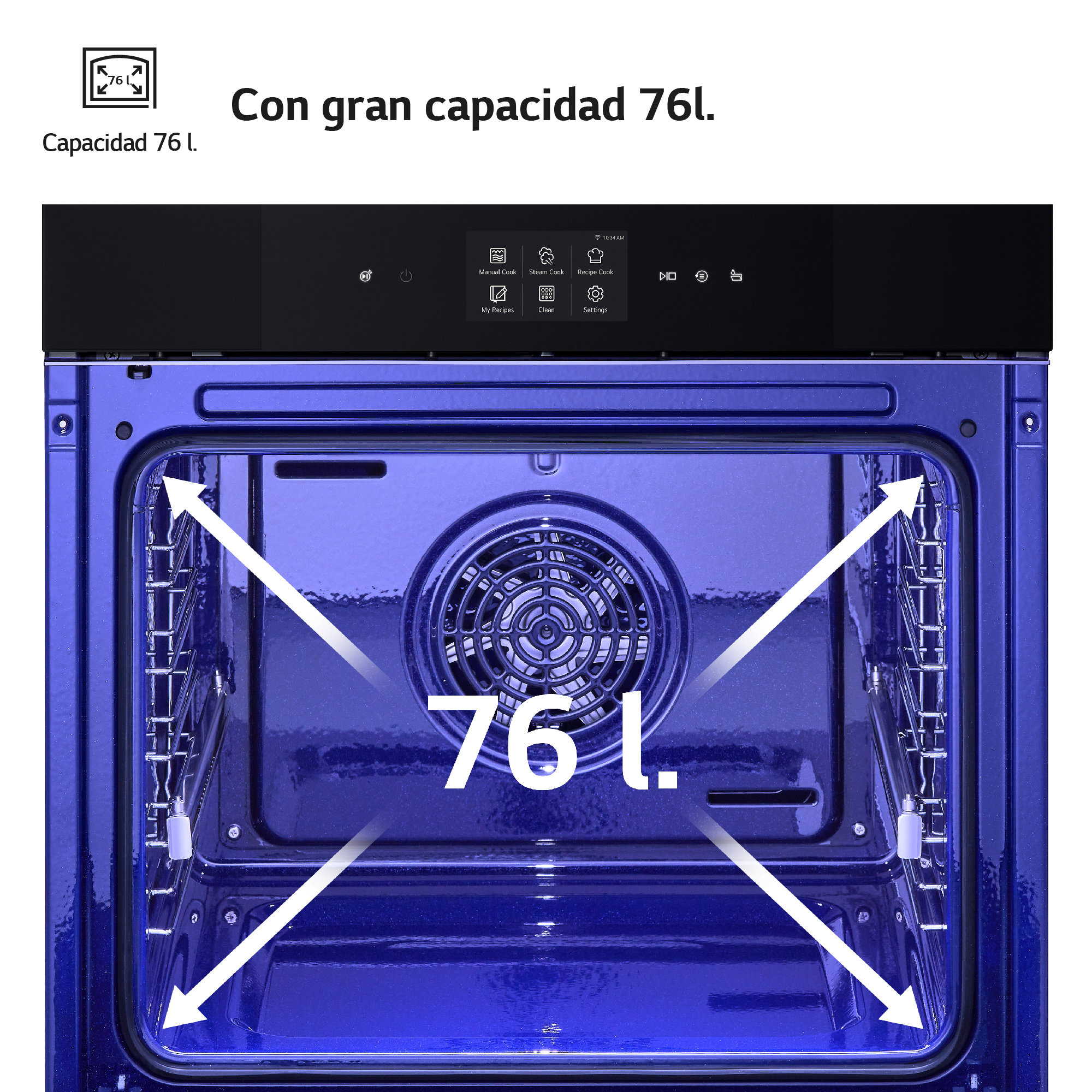 Interior del horno con capacidad de 76L. Interior azul, rejillas metálicas y ventilador visibles.