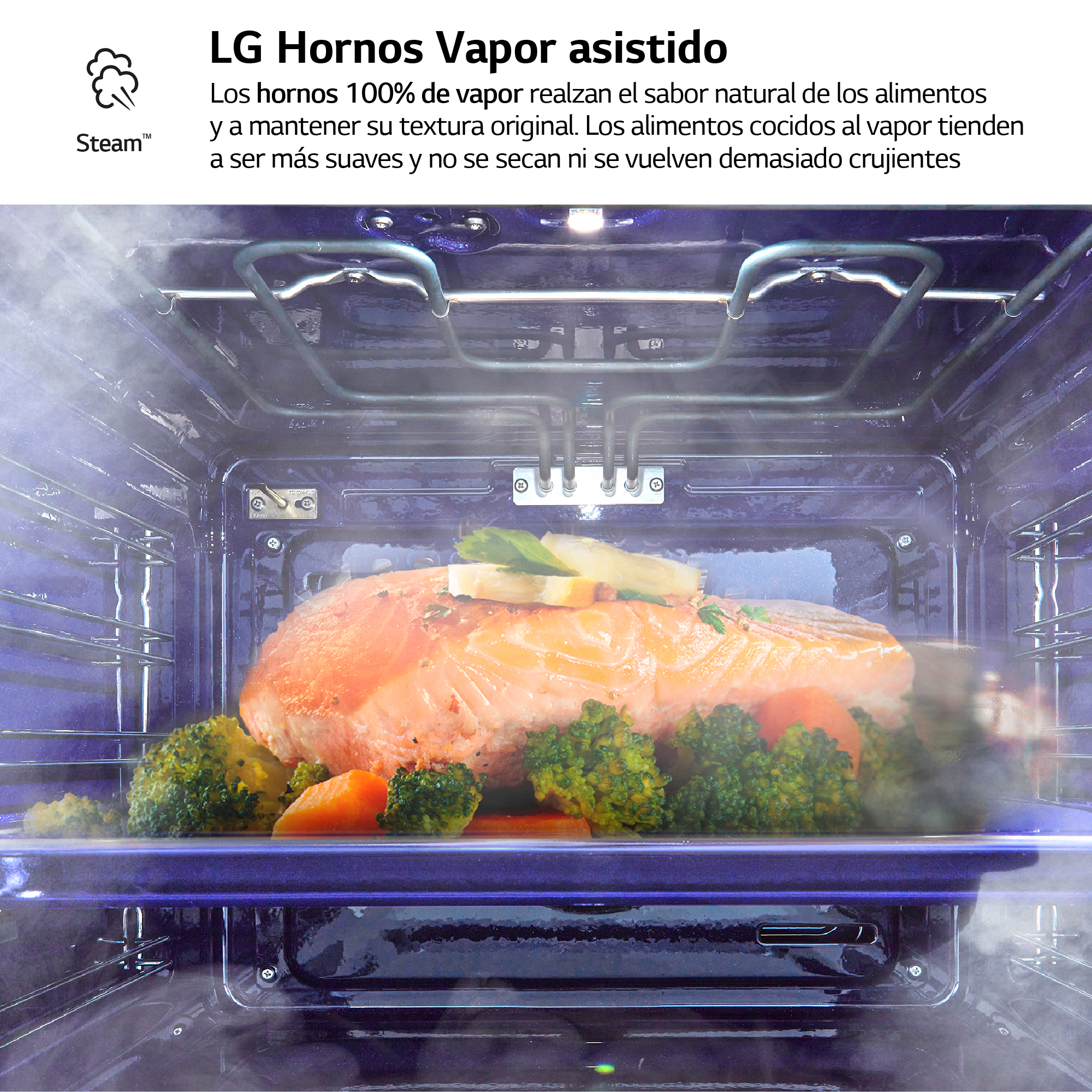 Interior del horno LG con salmón y verduras. Vapor visible. Texto: Horno de vapor LG.
