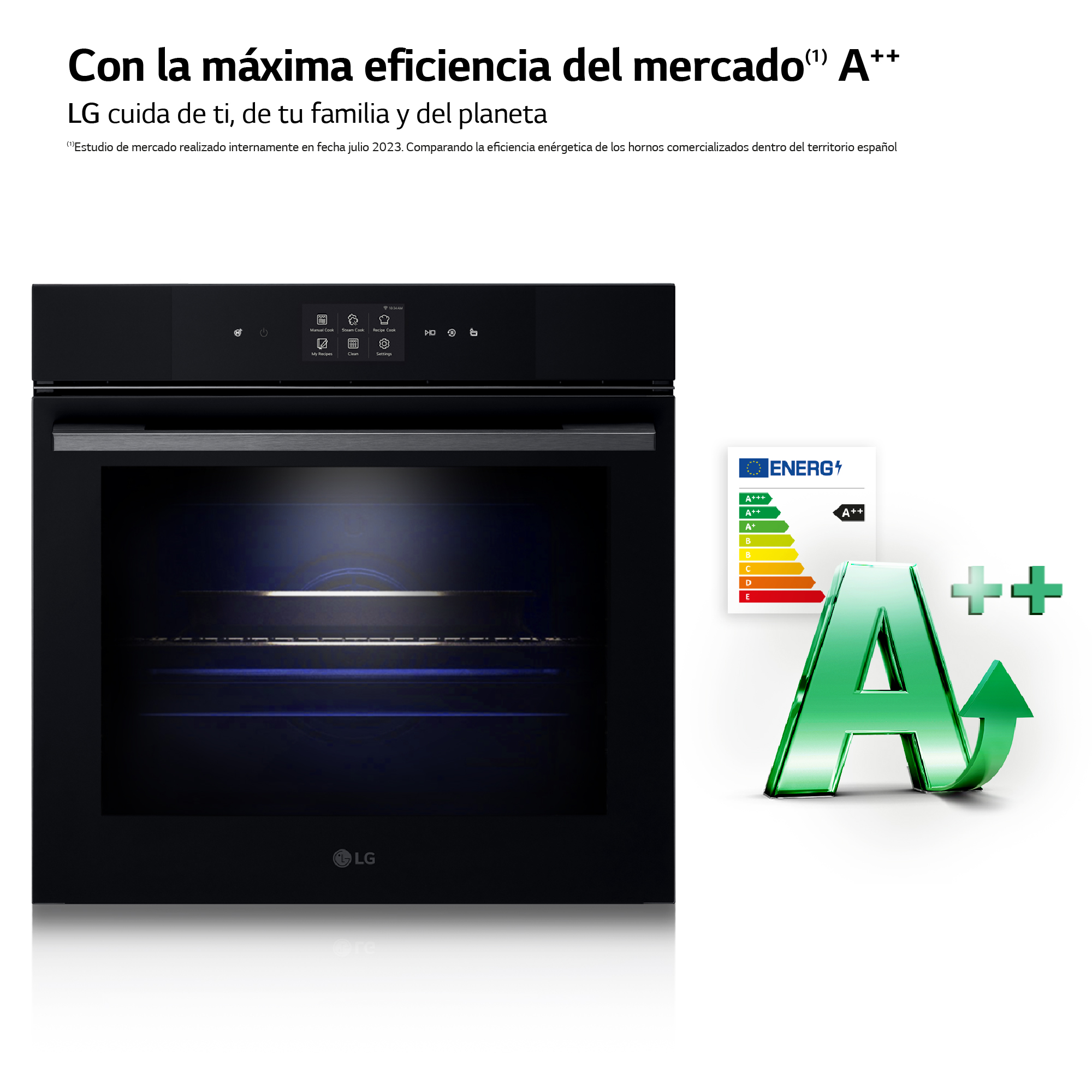 Horno LG negro con puerta abierta. Etiqueta energética muestra eficiencia A++.