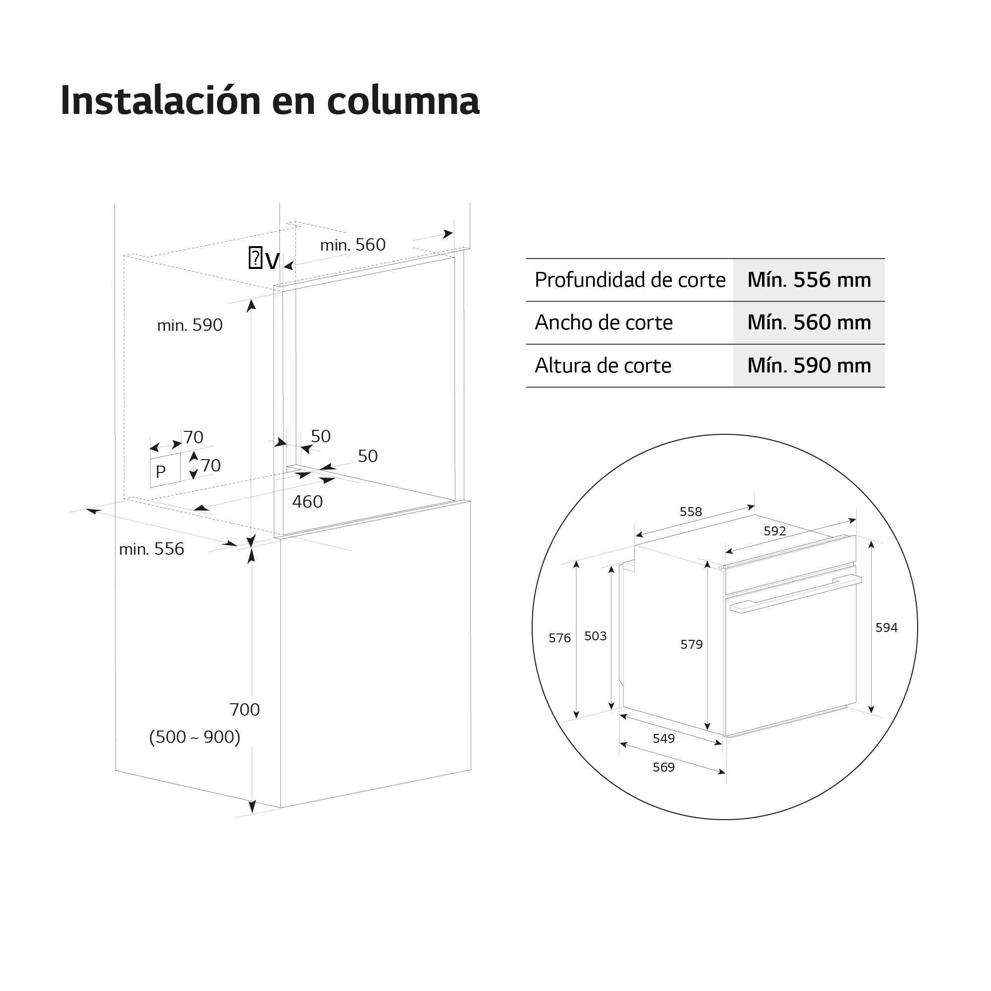 Diagrama que muestra las dimensiones de instalación de un horno. Incluye medidas en milímetros.