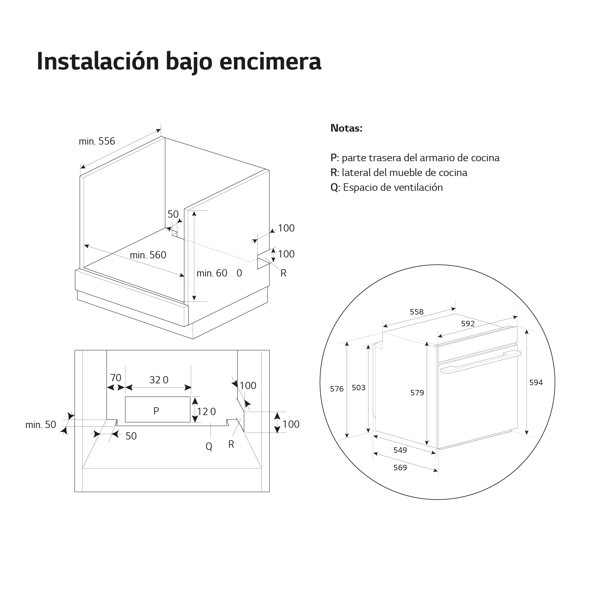 Diagrama mostrando dimensiones para instalación bajo encimera, con etiquetas.