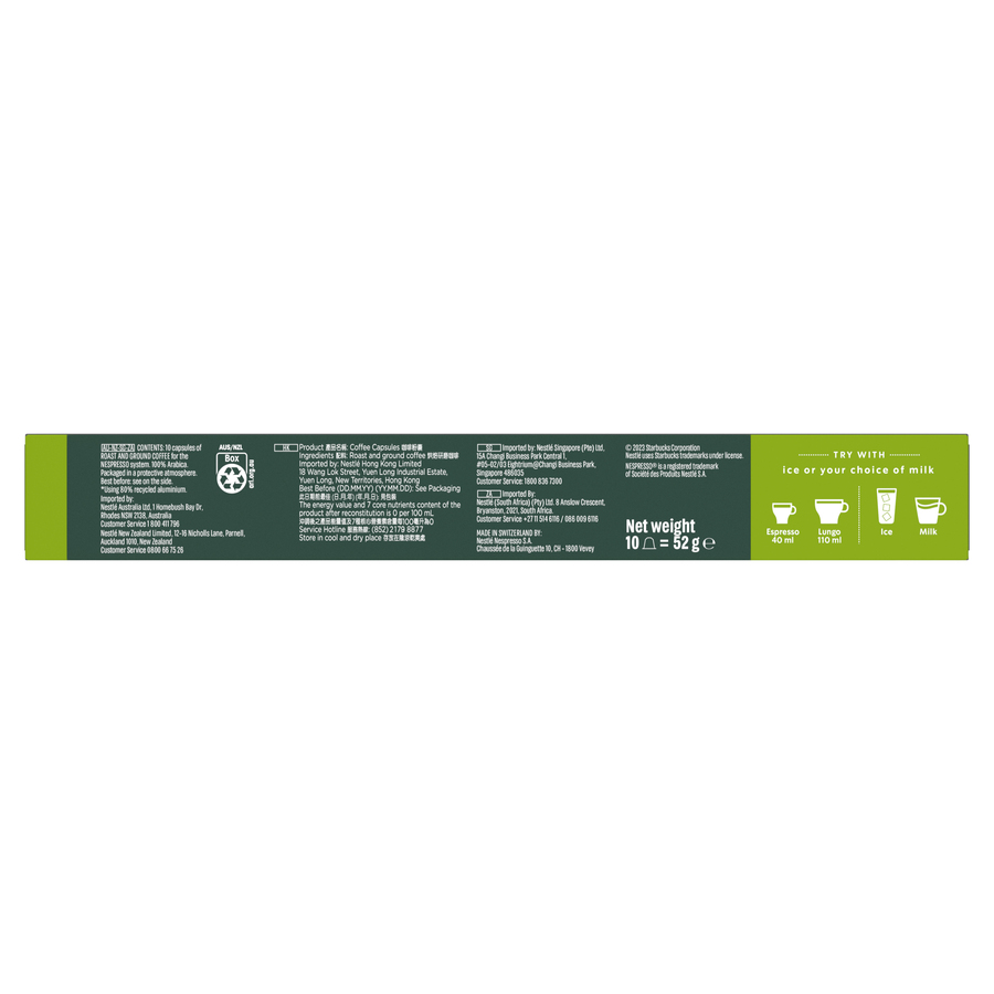 Caja de cápsulas de café con información nutricional e instrucciones.