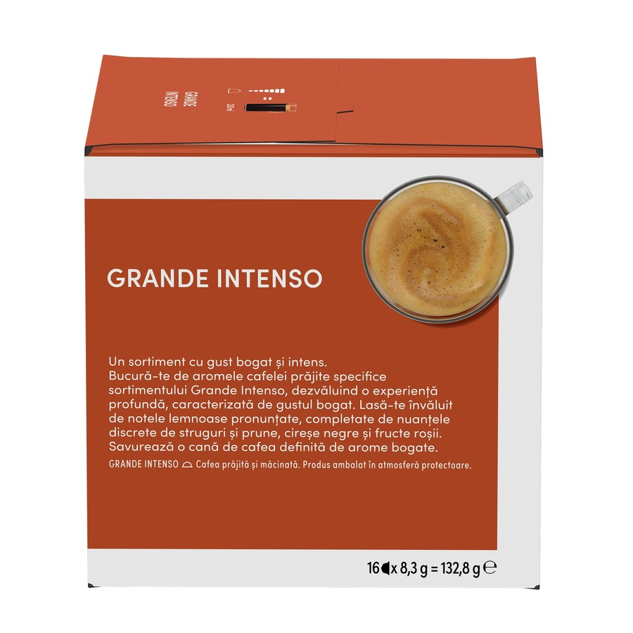 Una caja de cápsulas de café con texto en rumano y una taza de café en la esquina.