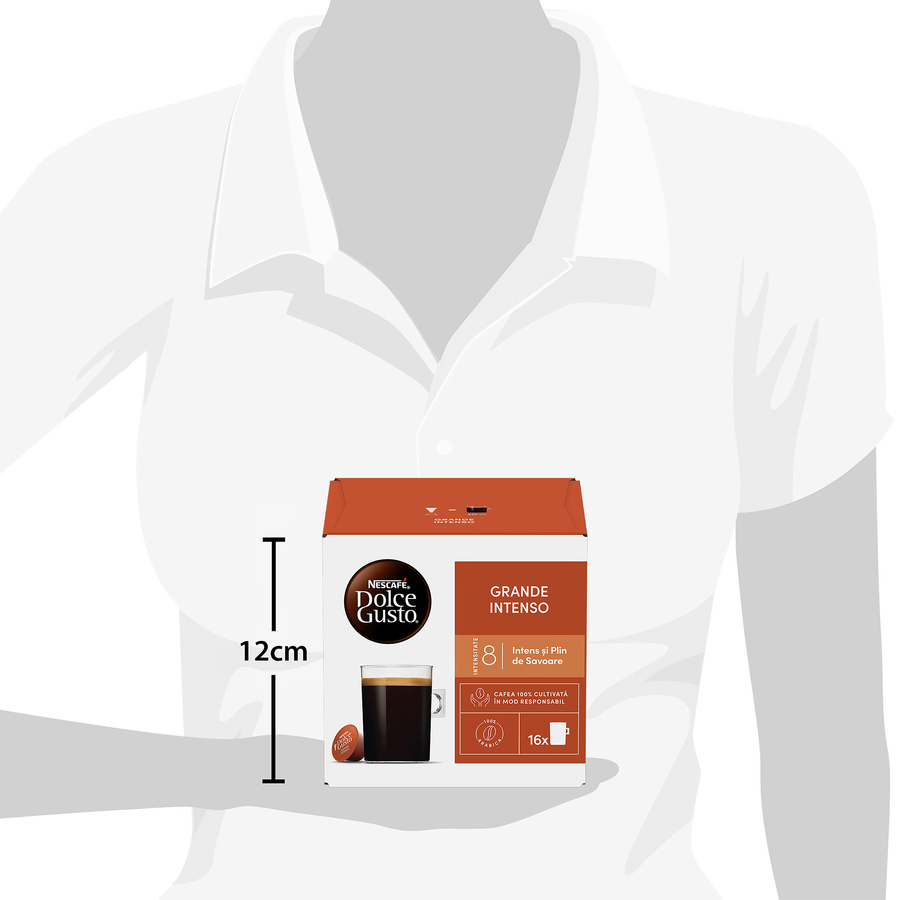 Mujer sosteniendo caja de cápsulas de café, diseño naranja y blanco, 12cm.