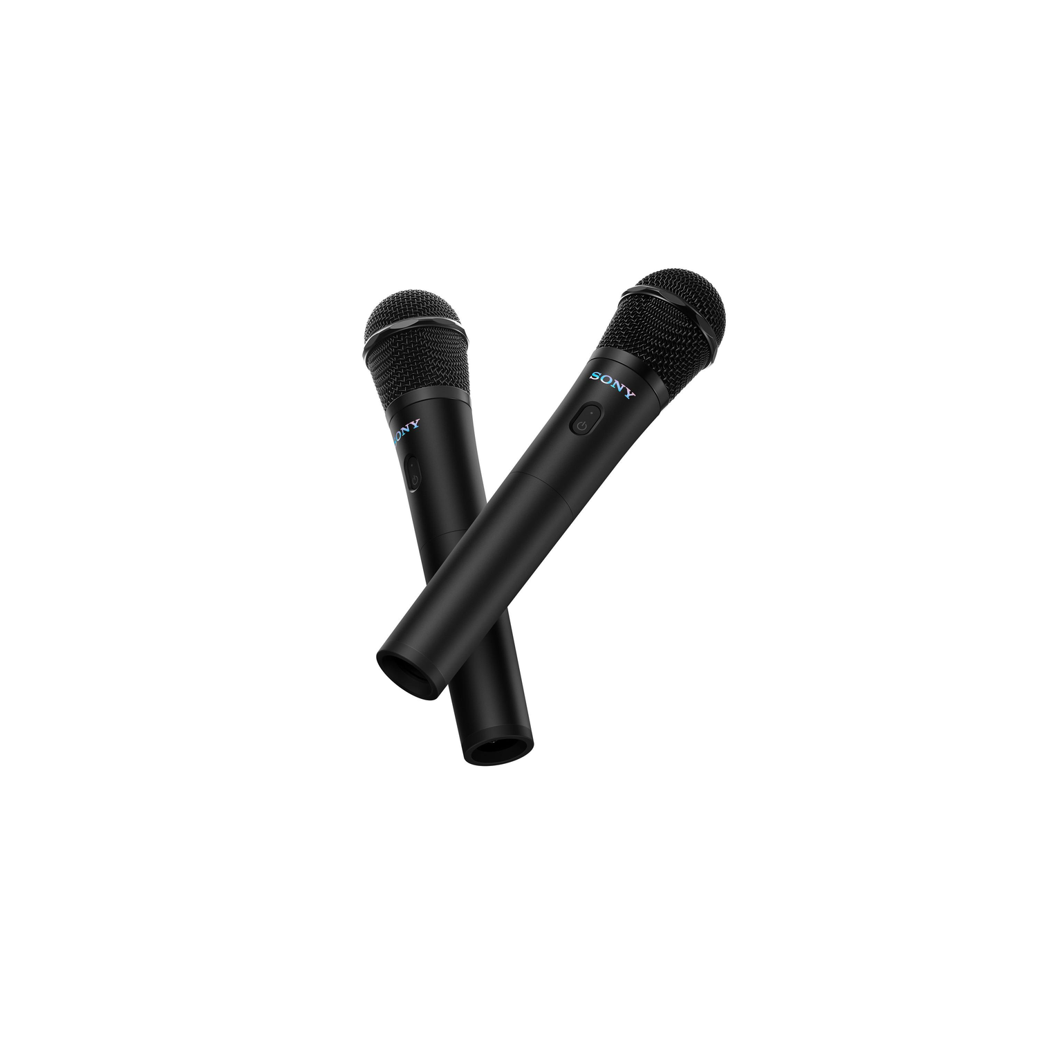 Two black microphones overlapping on a white background, angled towards the viewer.