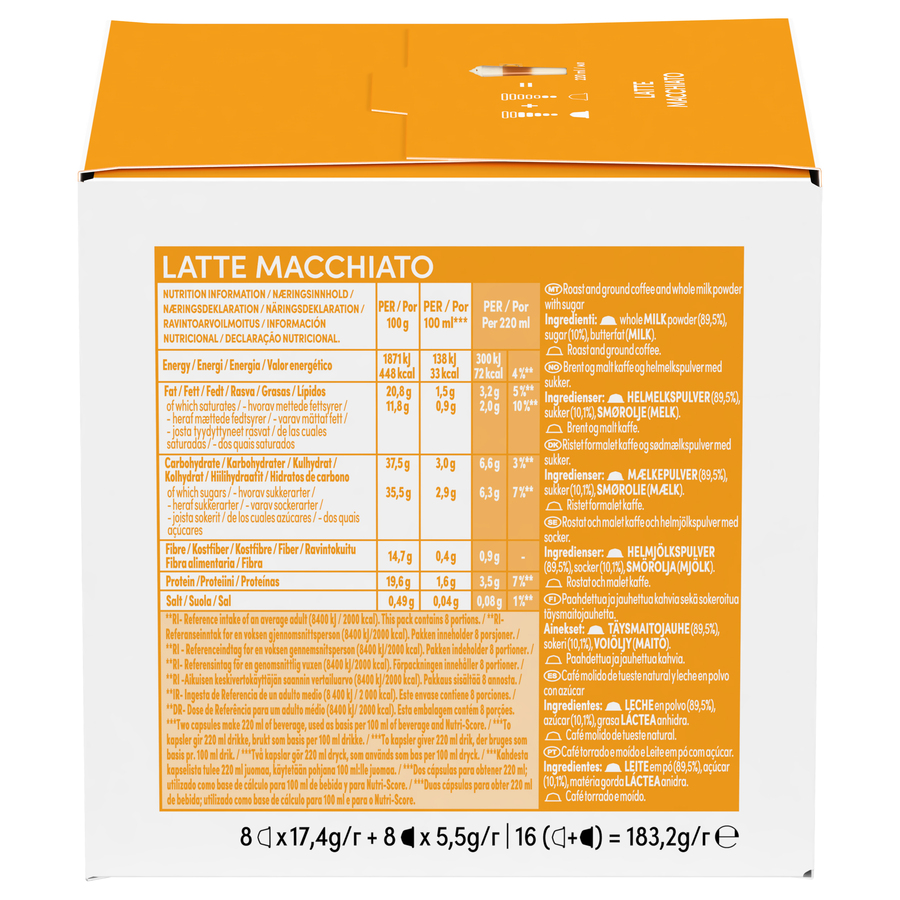Un paquete de producto alimenticio con información nutricional, ingredientes y texto en varios idiomas.