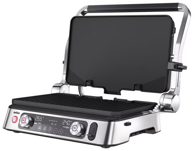Braun grill nyitott tetővel, grill csíkokkal, digitális kijelzővel és gombokkal.