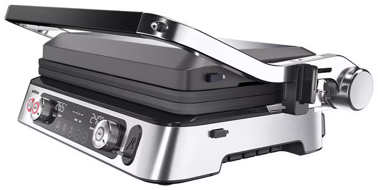 Egy Braun grill digitális kijelzővel, vezérlőkkel és fogantyúval.