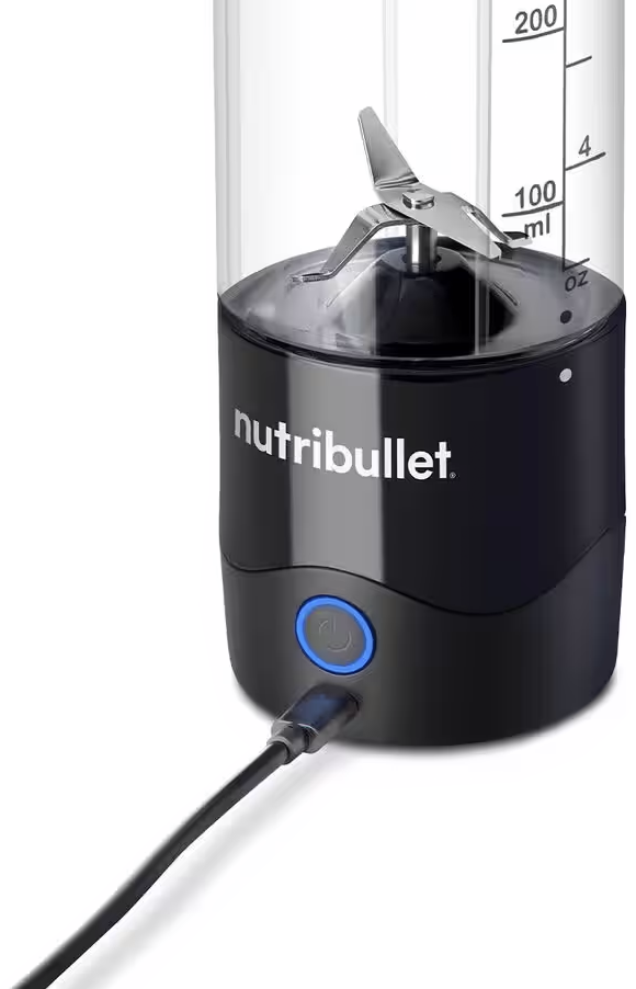Fekete Nutribullet turmixgép alap, átlátszó pohár és töltőkábel.
