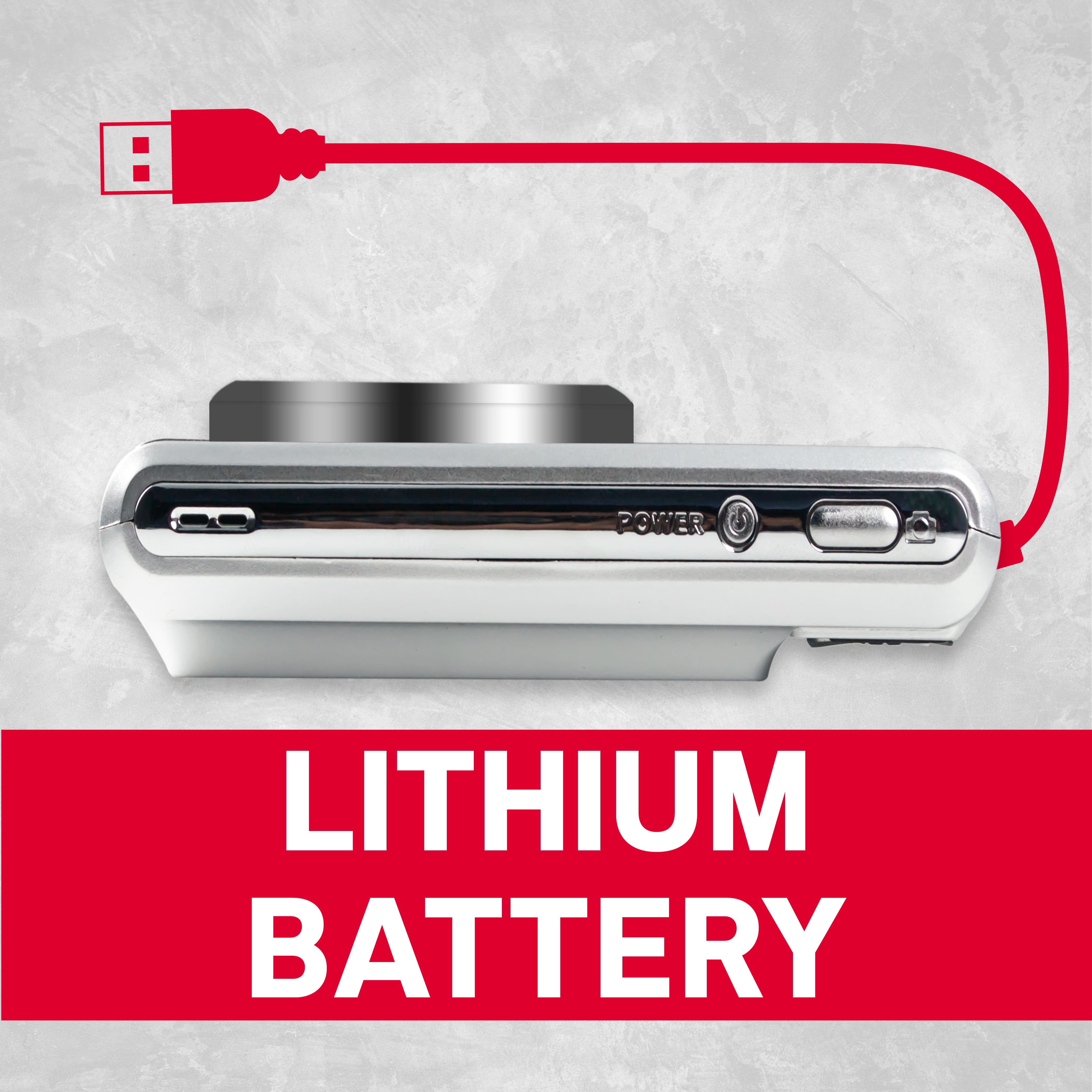 Eine weiße Kamera mit rotem USB-Kabel und den Worten "LITHIUM BATTERY" in einem roten Banner.