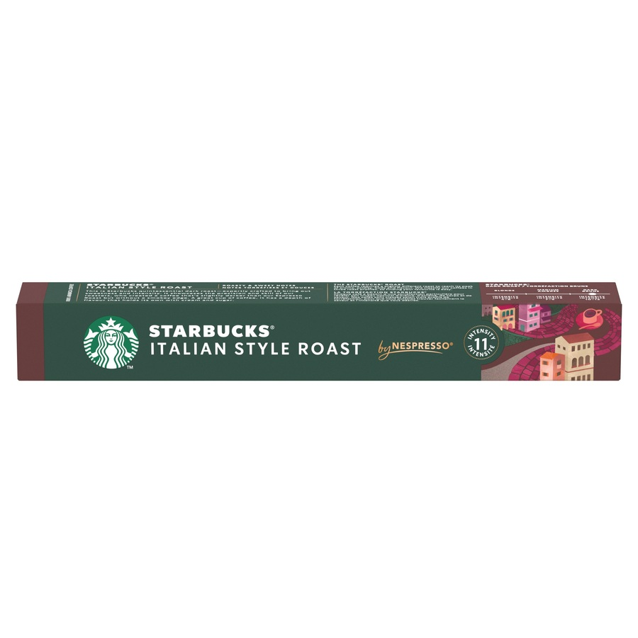 Caja de cápsulas de café Starbucks Italian Style Roast con ilustración de ciudad.