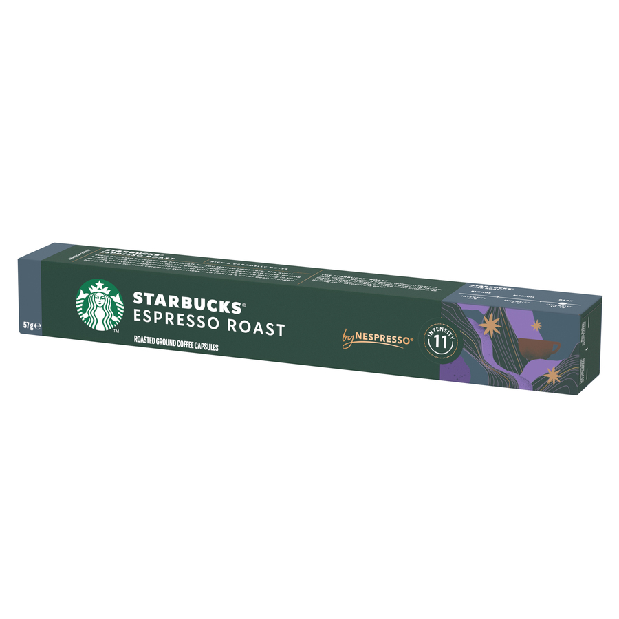 Caja de cápsulas de café Starbucks Espresso Roast. Esquema de color verde y oscuro. Texto: Espresso Roast.