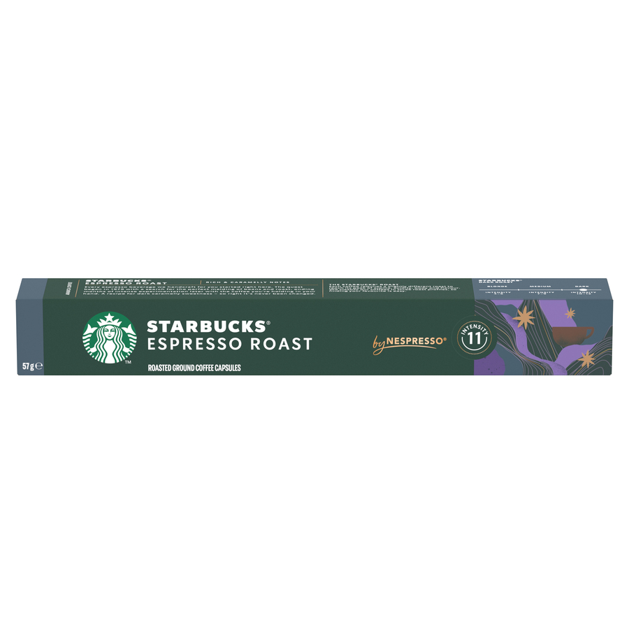 Cápsulas de café Starbucks Espresso Roast. Caja con logotipo y detalles del producto.