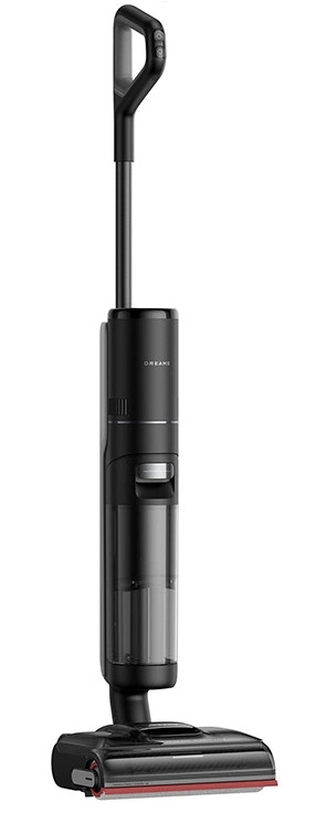 Czarny i srebrny odkurzacz bezprzewodowy, stojący, na białym tle.