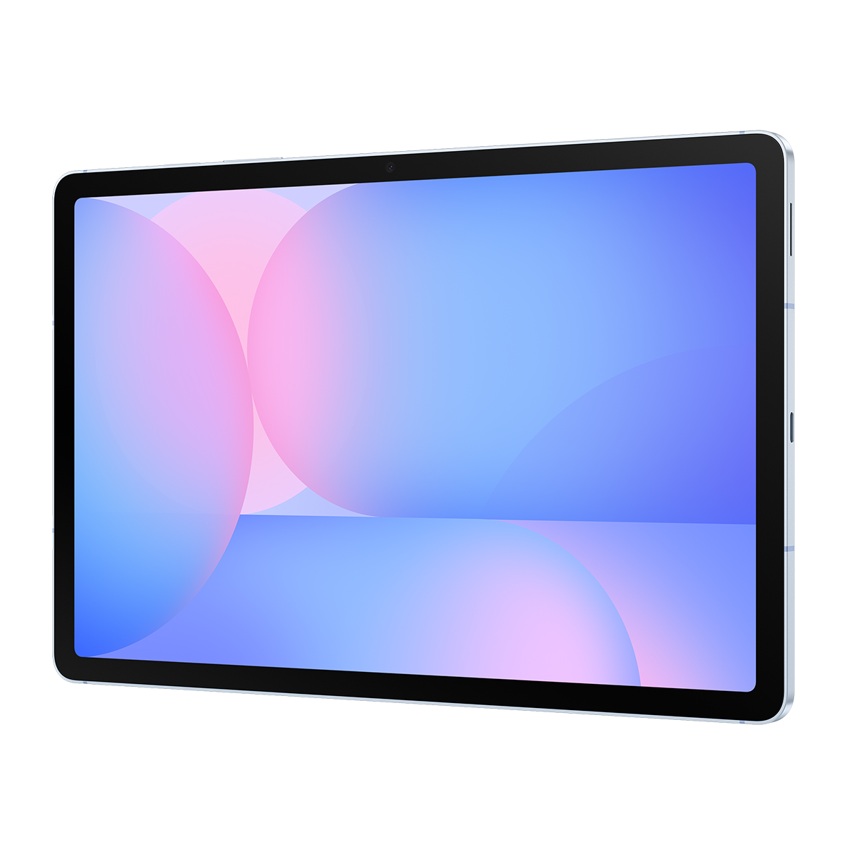 Açık mavi çerçeveli bir tablet, renkli soyut bir arka planı gösteriyor, siyah arka plan.
