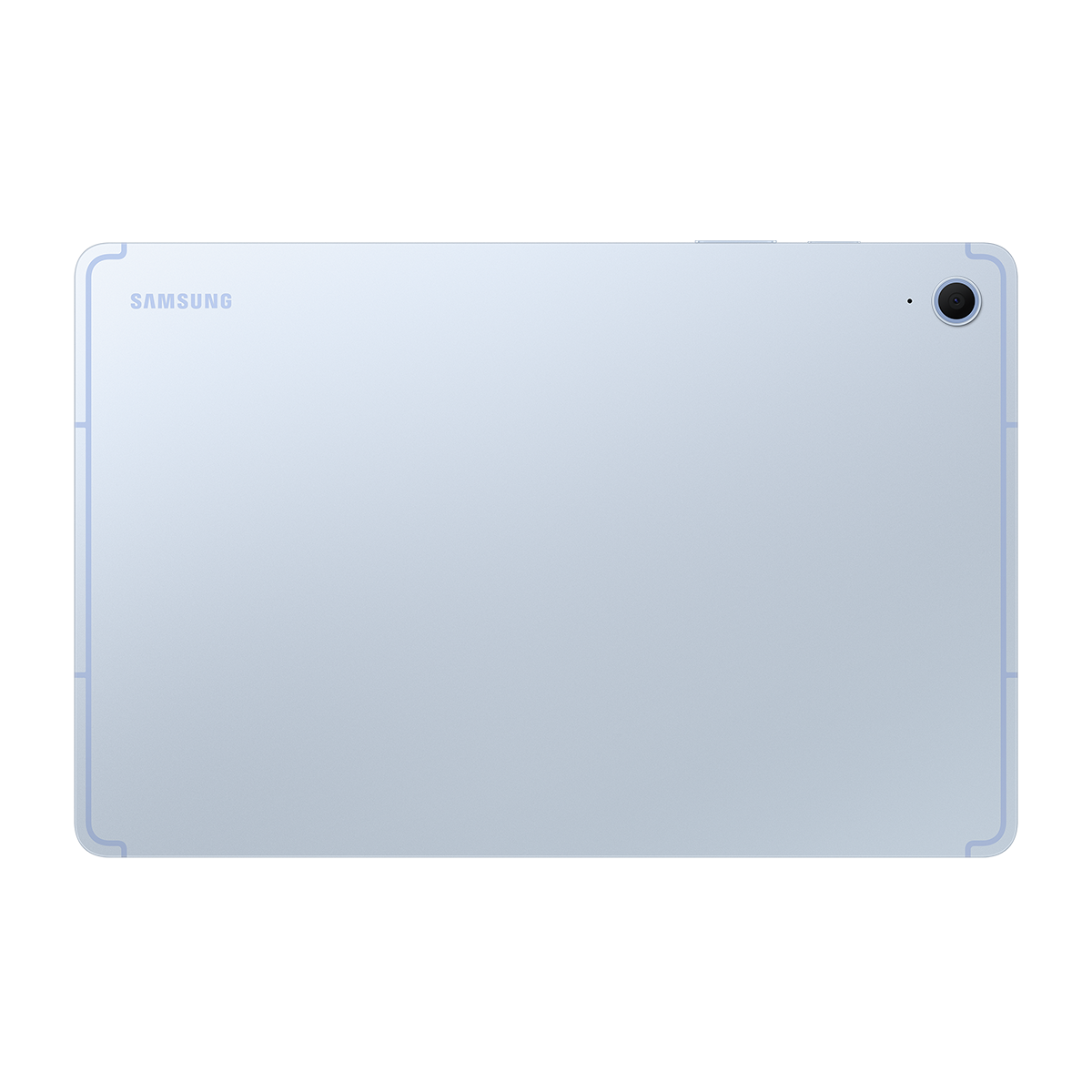 Arkada kamera ve arkada SAMSUNG yazısı olan açık mavi tablet. Siyah zemin.