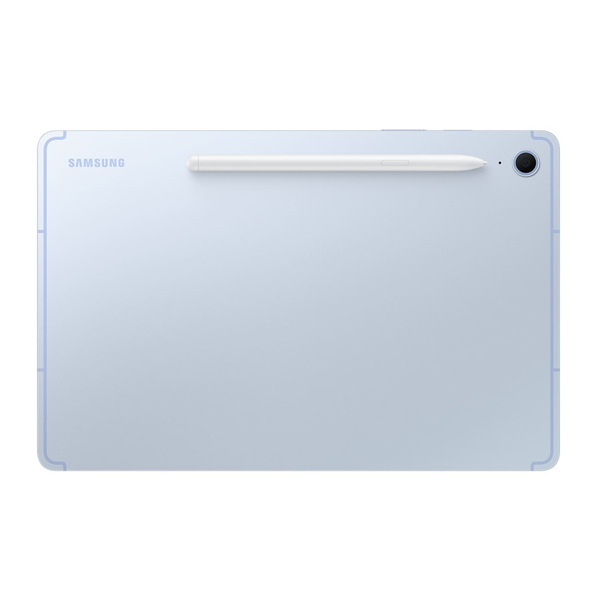 Siyah bir arka plan üzerinde beyaz bir kalem ve bir kamera ile açık mavi tablet.