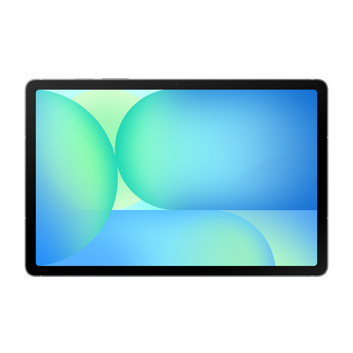 Mavi ve yeşil arka plana sahip tablet. Siyah çerçeve. Ekran açık.