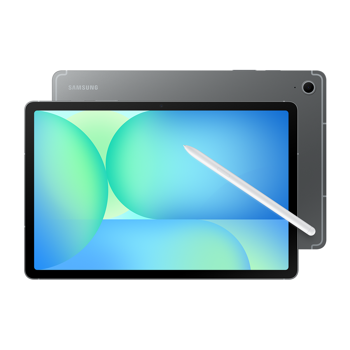 Beyaz bir kalemle gri bir tablet ve siyah bir arka plan.