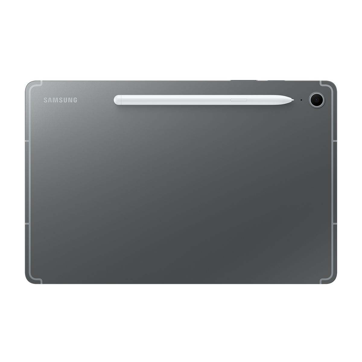 Gri Samsung tablet, beyaz kalem tablet üzerinde, siyah arka plan.