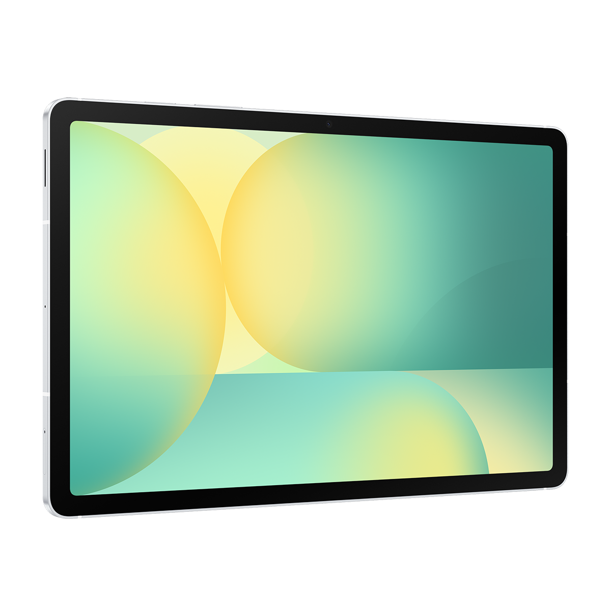 Tablet. Beyaz çerçeve, koyu arka planda sarı ve yeşil daireler gösteren büyük bir ekranla.