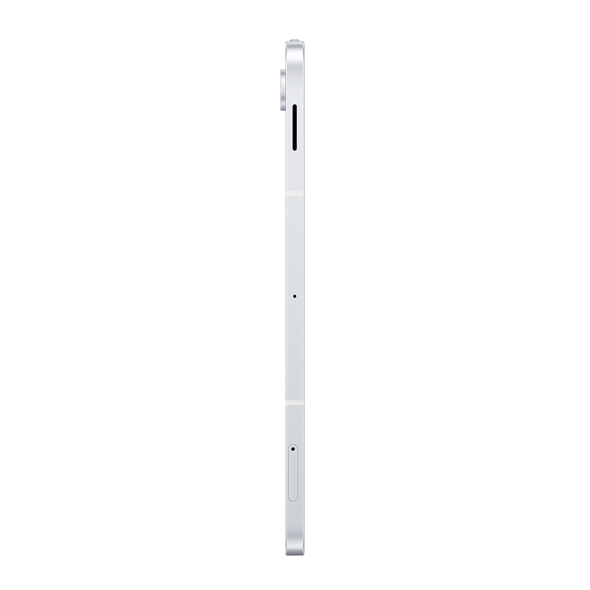Siyah arka plan üzerinde gümüş bir tabletin yan görünümü.