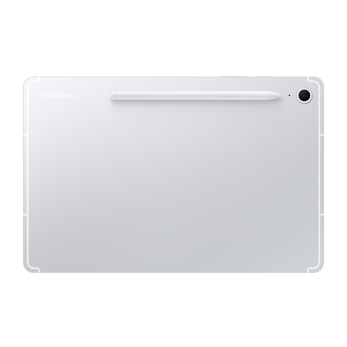 Siyah arka plan üzerinde beyaz bir kalemle beyaz bir Samsung tablet.