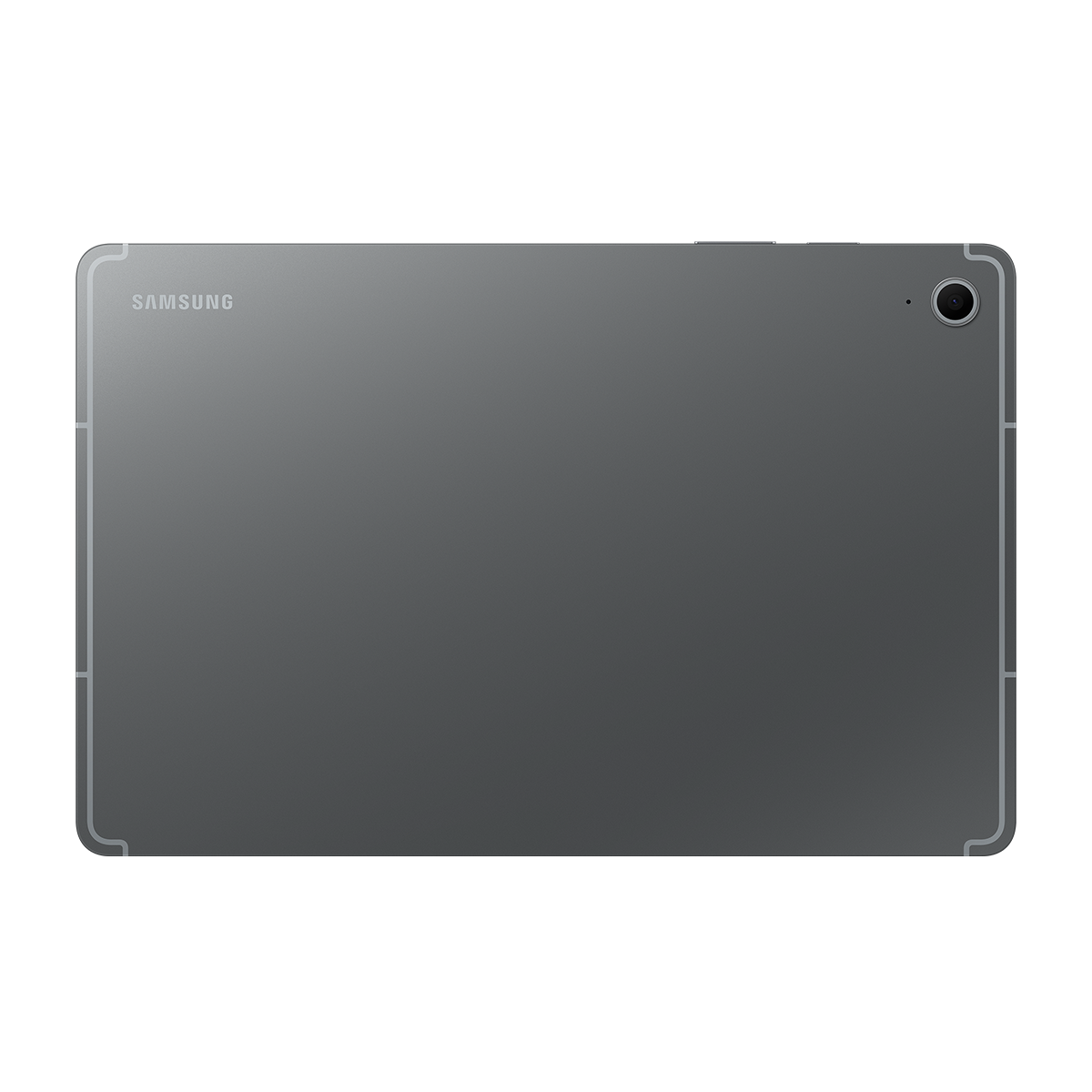 Arka tarafında kamerası olan gri Samsung tablet, siyah arka plan.
