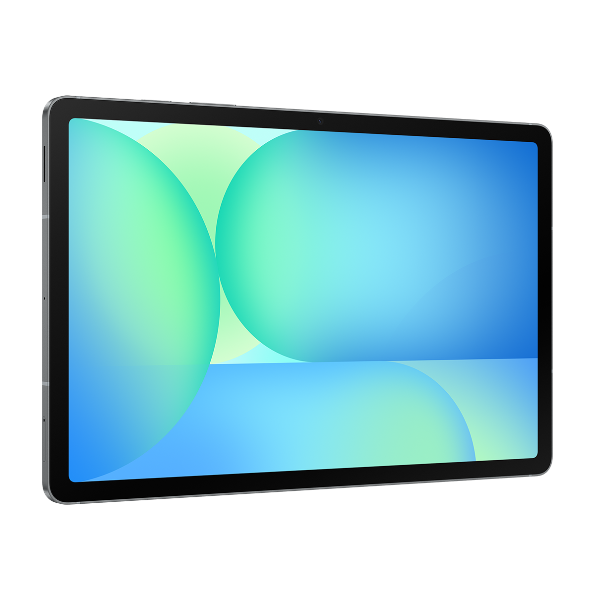 Siyah çerçeveli ve soyut mavi ve yeşil dairelere sahip bir ekranı olan bir tablet.