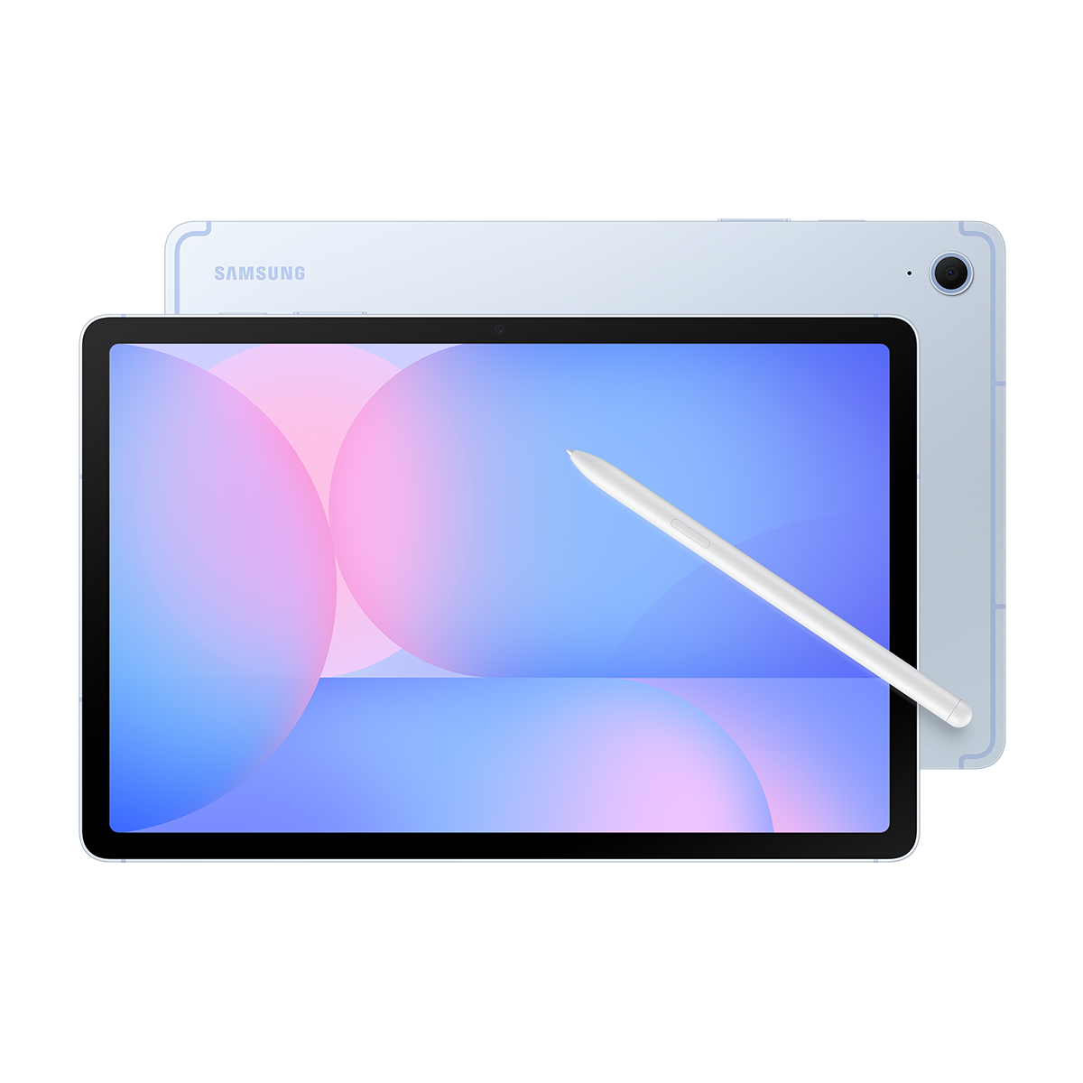 Mavi ve pembe ekranlı tablet, beyaz kalem, arkada kamera.