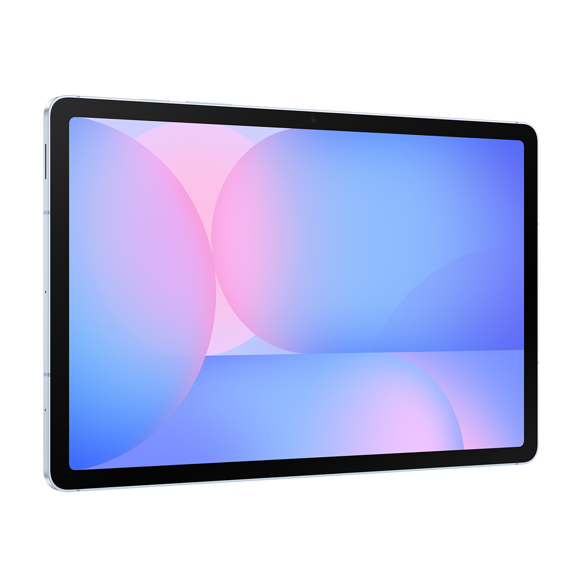 Pembe ve mavi dairelerle soyut bir arka plan gösteren mavi ekranlı tablet.