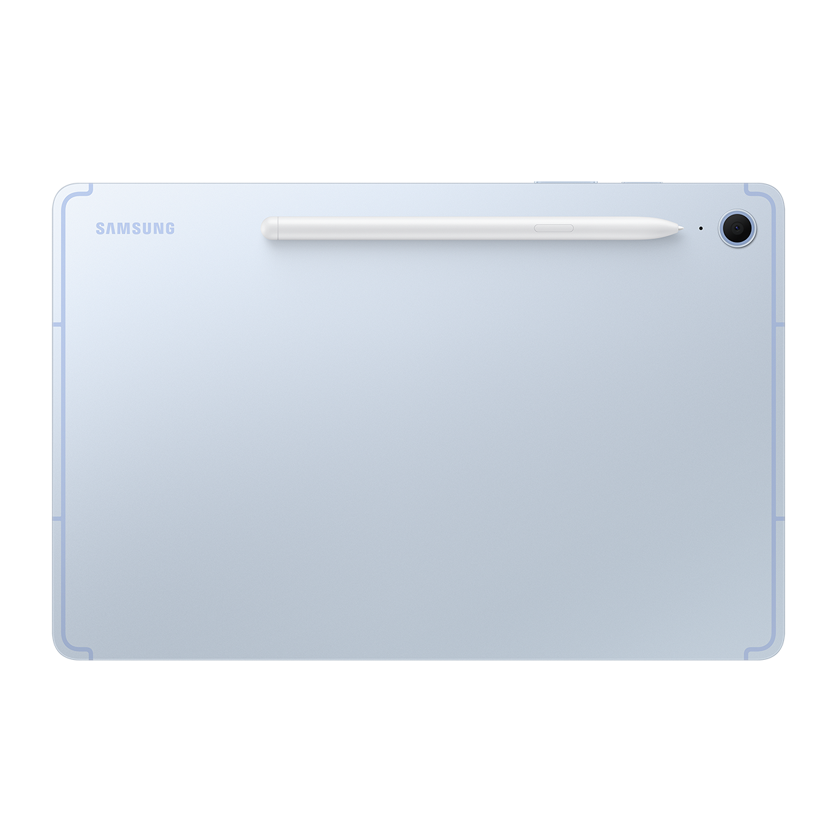 Üzerinde bir kalem bulunan açık mavi tablet. Samsung logosu görünür.