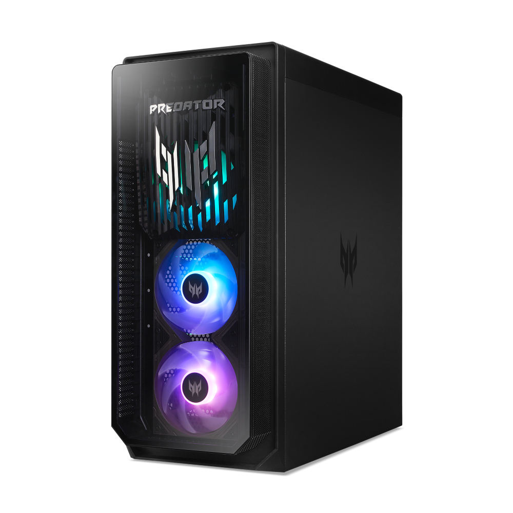 Schwarzer Gaming-PC mit RGB-Lüftern und dem Predator-Logo.