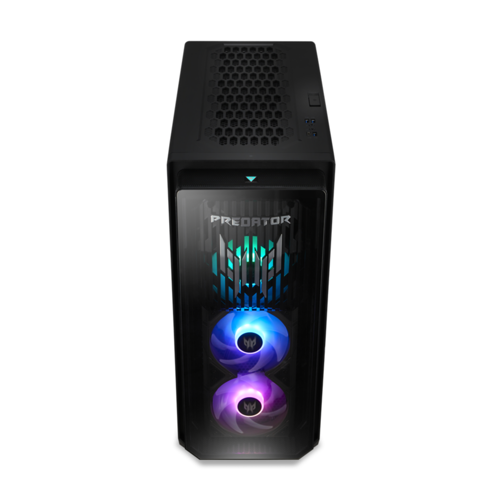 Predator PC von oben, schwarzes Gehäuse, RGB-Lüfter, schwarzer Hintergrund.
