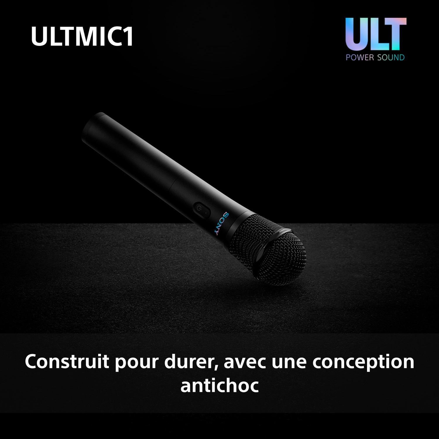 Microphone Sony noir avec fil, texte français: Conçu pour durer, avec un design antichoc.