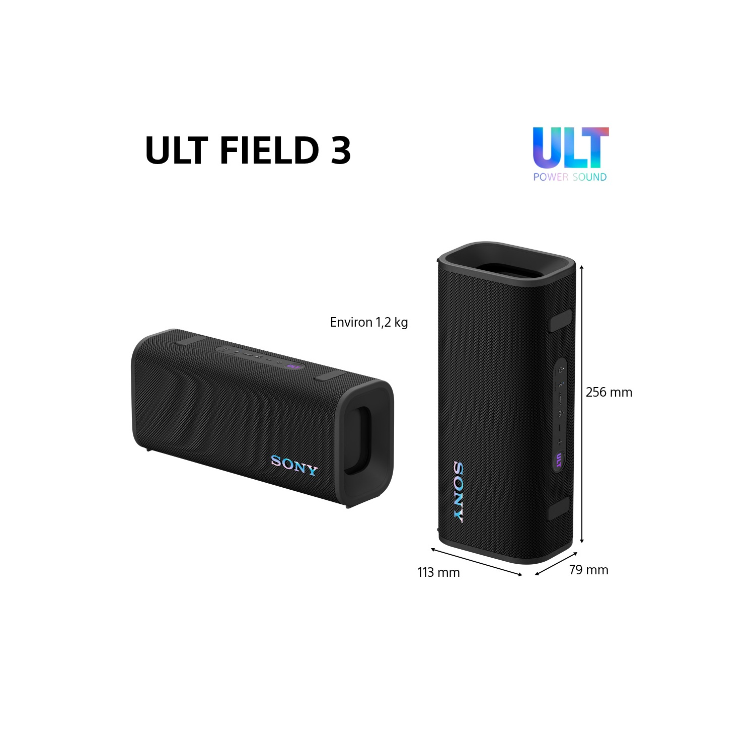 Deux haut-parleurs rectangulaires noirs avec dimensions et le logo Sony.