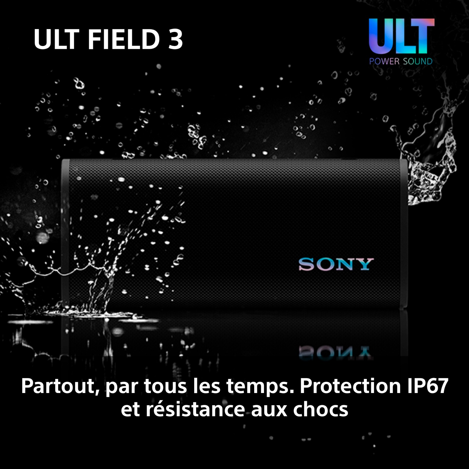 Haut-parleur noir avec éclaboussures d'eau, logo "SONY" et texte. Fond noir avec reflet.