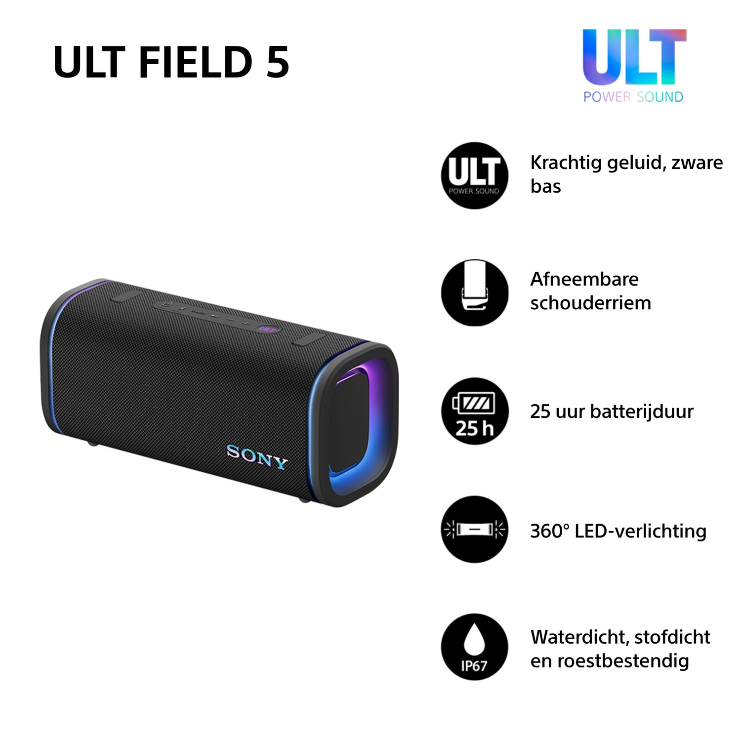Zwarte speaker met blauwe accenten. Labels: geluid, schouderriem, batterijduur, LED-verlichting en waterdicht.
